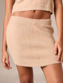 AiiRZ Fluffy Knit Mini Skirt Cozy Winter Fashion High Waisted A Line Short Skirt Fall Holiday Party Club Evening Wear - Khaki - View 4