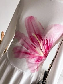 Sweetra Young Tween Girls' Spring/Summer/Autumn Casual Fashion New Knit Dress, White Solid Color Front With Pink Floral Pattern, Long Sleeve Round Neck, Double-Layer Hem Design, Suitable For Older Girls, Sweet Lady-Like Casual Style For School, Daily Wear, Vacation, Party, Photo Shoot