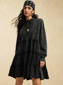 SHEIN EZwear Đầm dài tay dài tay bồng, cổ cao, vai rớt, dáng suông, màu trơn dành cho nữ, kiểu dáng thường ngày. - màu đen - Xem 3