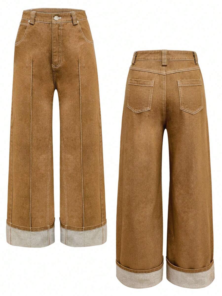 Franclia Women's Retro Casual Straight Leg Jeans - Camel - View 1