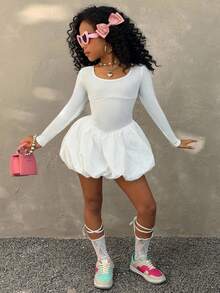 Coolane Kids Tween Girls Fall/Winter  Fashion Solid Ruffle Hem Dress,Graduation ,Y2K ,Streetwear,Bubble Skirt,Halloween,Christmas,Party Dress ,Elegant Dress For Girls,Cute,Fairycore,Chic,Christmas,Birthday Girls Outfits,Comfortable,Stretchy