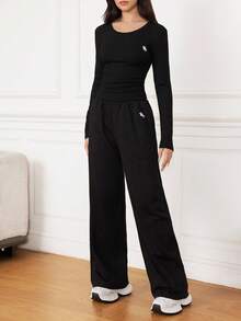 SHEIN 2pcs/Set Teen Girls Grey Knit Casual Fitted Embroidered Crew Neck Long Sleeve Top And Embroidered Basic Versatile Sweatpants Set, Suitable For Spring, Autumn, Winter, Back To School, Layering