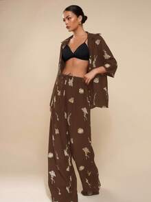 COSMINA 女式全印花打结休闲宽松阔腿裤 - 咖啡棕 - 查看 3