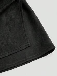 Sweetra CURVE 棕色褶皱不对称装饰拉链后背绒面革毛绒短裙，简约通勤风格，大码，秋冬 - 黑色 - 查看 5