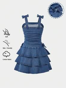 Girls' Casual Comfortable Soft Washed Denim Dress With Bowknot Decor, Elastic Waist Patchwork Flared Hem Long Dress, Lightweight Summer