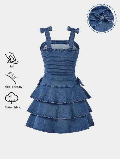 Elladie kids Vestido vaquero cómodo y suave para niñas con decoración de lazo, cintura elástica, bajo con parches y vuelo, ligero para el verano