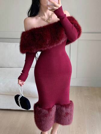 Feyla Damklänning med off-shoulder-mönster och elegant stickning i fuzzy-mönster