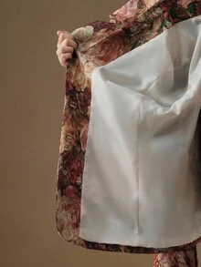 Anewsta 复古花卉随机图案腰部收紧修身大码女式西装外套 - 彩色 - 查看 8