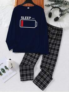 2 件男童休闲圆领长袖睡衣套装，含 SLEEP 印花上衣和格子宽松裤，柔软针织面料 - 藏蓝色 - 查看 1