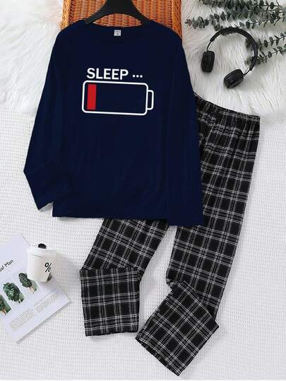 2 件男童休闲圆领长袖睡衣套装，含 SLEEP 印花上衣和格子宽松裤，柔软针织面料