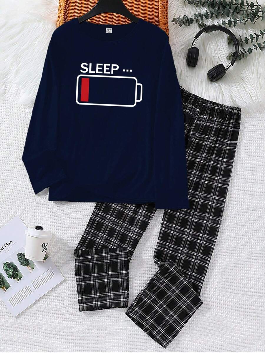 2 件男童休闲圆领长袖睡衣套装，含 SLEEP 印花上衣和格子宽松裤，柔软针织面料 - 藏蓝色 - 查看 1