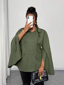 Maweii Plus Size Women Solid Color Button Front Cape Woolen Coat, Autumn/Winter - Army Green - View 4