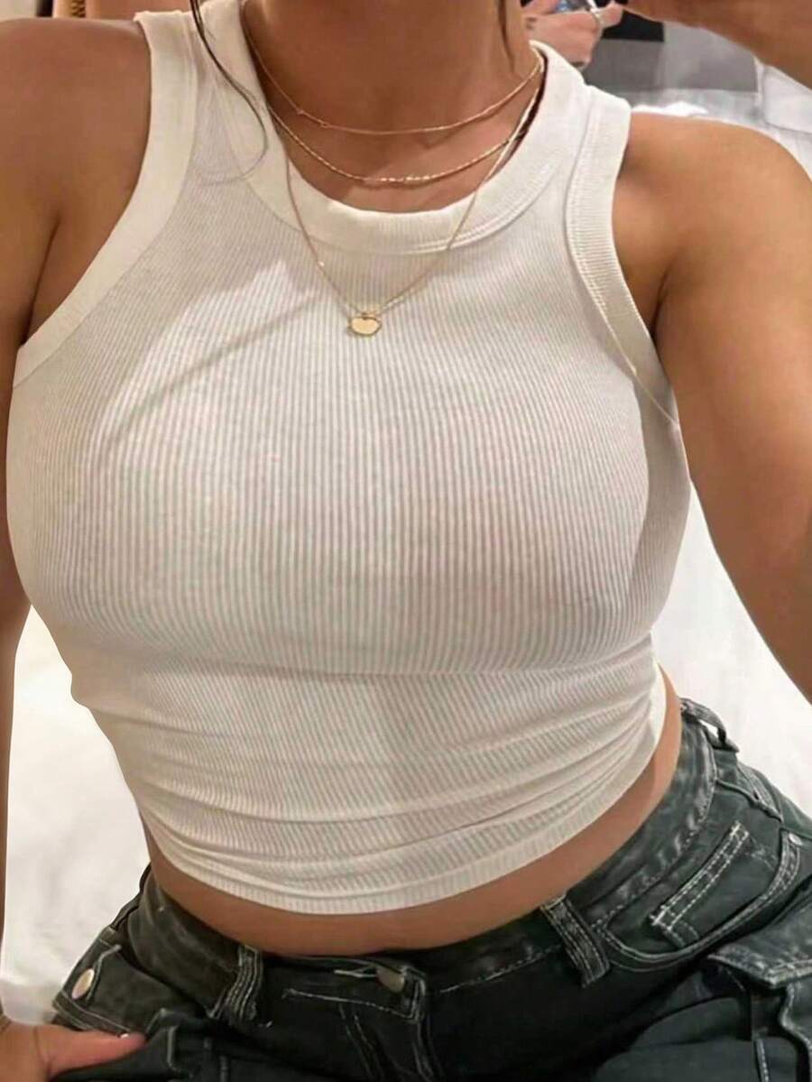 INAWLY Áo ba lỗ dệt kim gân màu trơn, thích hợp mặc hàng ngày - trắng - Xem 1