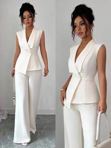 Elenzga Women's Elegant Office Commute Afternoon Tea Party Asymmetric Hem Sleeveless Blazer Jacket & Stretchy Waist Band Pants 2 Pieces Suit Set, Spring/Summer