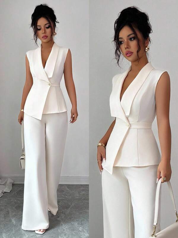 Elenzga Women's Elegant Office Commute Afternoon Tea Party Asymmetric Hem Sleeveless Blazer Jacket & Stretchy Waist Band Pants 2 Pieces Suit Set, Spring/Summer