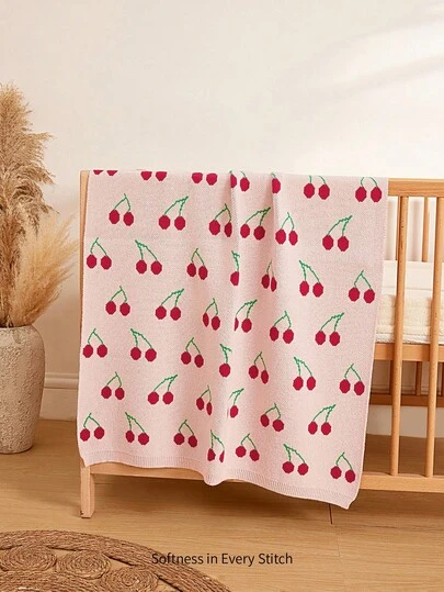 Cozy Pixies 1 Piece Baby Swaddle Knitted Blanket Cute Cherry Pattern Thickened To Keep Warm
