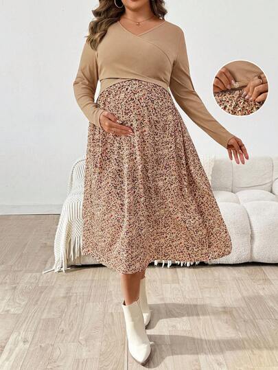 SHEIN Fall Clothes,Autumn Clothes,Maternity Autumn/Winter Clothes Plus Size Maternity Casual Ditsy Floral Surplice Neck Adjustable Waist Dress, Spring/Autumn Maternity Skirt Floral Skirt Long Skirt 2 Piece Skirts Sets ,Nursing Dress