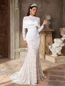 Aureia 优雅奢华立领荷叶边蕾丝透视法式复古蕾丝边性感美人鱼拖尾婚纱 - 白色 - 查看 7