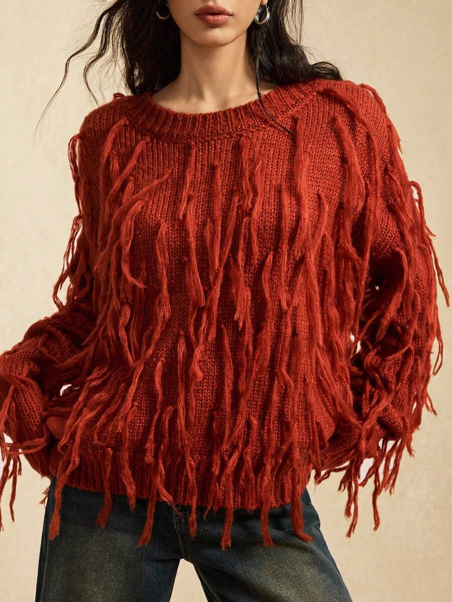 Easelle Suéter casual de mujer con ajuste regular, cuello redondo, manga larga y diseño con flecos, unicolor, para otoño/invierno - Café integral - Ver 1