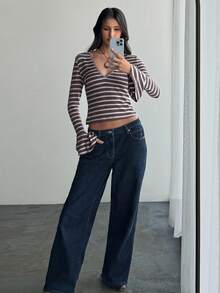 Aloruh Áo thun dài tay ôm sát họa tiết sọc cổ chữ V sâu gợi cảm dành cho nữ, mùa thu/đông - Nhiều màu - Xem 6