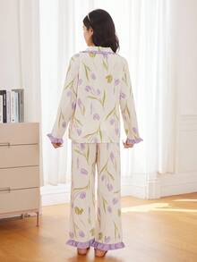 Teen Girls Casual Home Cute Flower Print Pattern Contrast Color Stitching Ruffled Home Wear Suit,Tulip Printed Ruffled Hem Pajama Set, Holiday Season - Multicolor - View 2