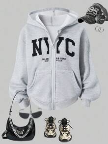 Tween Girls Casual Chic High-Quality Letter Graphic Stand Collar Zip-Up Sweatshirt, Warm & Comfortable For Daily, School, Street Wear, Spring/Autumn/Winter - Light Grey - View 1