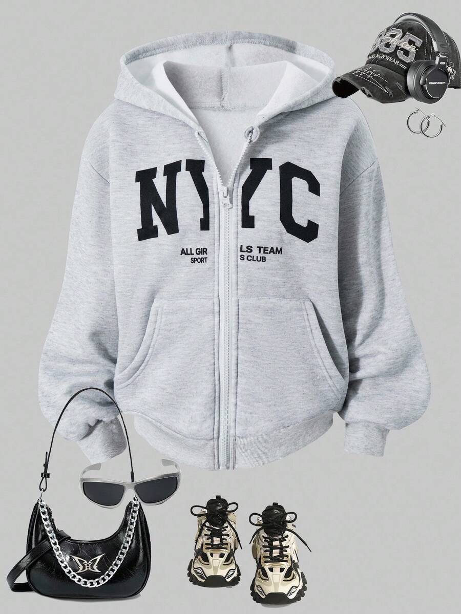 Tween Girls Casual Chic High-Quality Letter Graphic Stand Collar Zip-Up Sweatshirt, Warm & Comfortable For Daily, School, Street Wear, Spring/Autumn/Winter - Light Grey - View 1