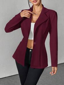 SHEIN PETITE Lapel Neck Single Button Blazer Office Wear Women Burgundy Blazer Women In Fall/Winter - Burgundy - View 5