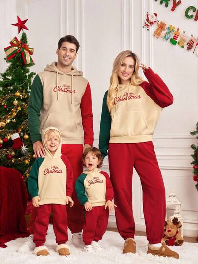 2pcs/Set Young Boys Casual Comfortable Contrast Color Patchwork Hoodie And Jogger Pants Set, Suitable For Christmas Family Matching Outfits Mommy And Me (4 Sets Sold Separately), Thermal Lined Thick Fabric For Winter