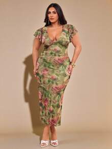 SHEIN BAE 大码女式优雅 V 领长款修身连衣裙，带有荷叶边下摆和大花卉印花，适合初秋/秋冬季 - 綠色 - 查看 2