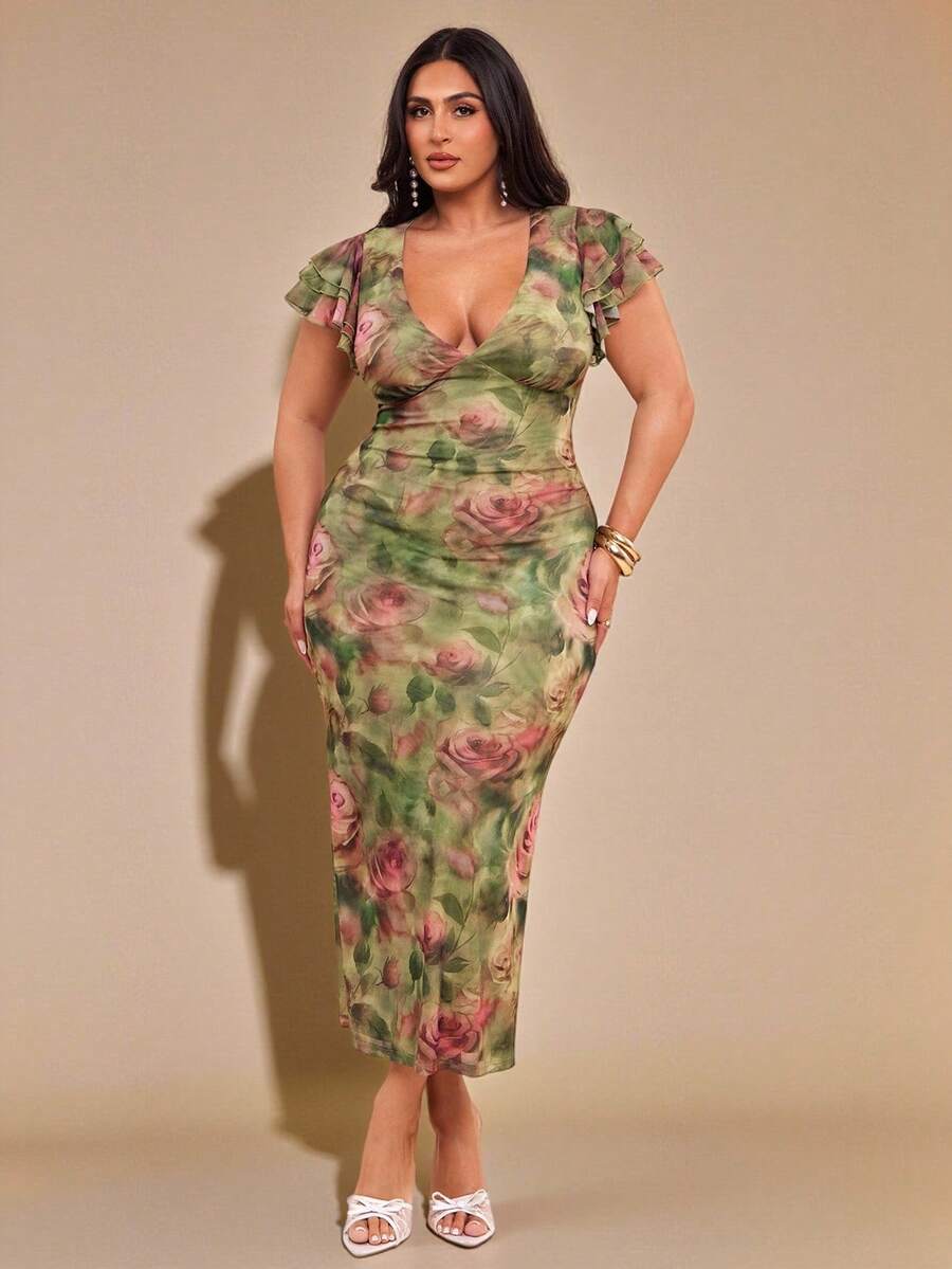 SHEIN BAE 大码女式优雅 V 领长款修身连衣裙，带有荷叶边下摆和大花卉印花，适合初秋/秋冬季