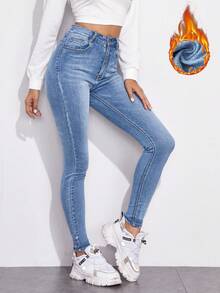 EMERY ROSE 女式高腰口袋保暖内衬紧身休闲牛仔裤，秋冬 - 淺色水洗藍 - 查看 4