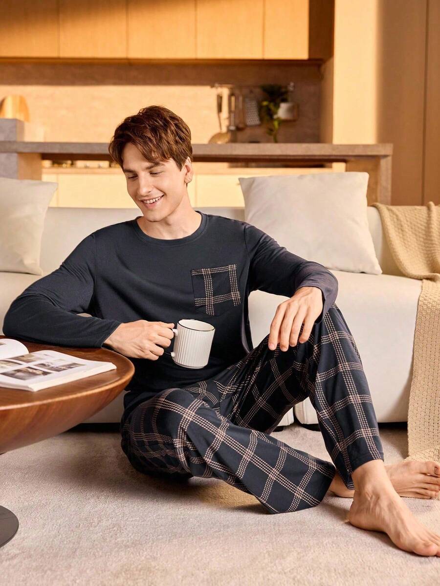 Manfinity Underwear&Sleepwear Basics 男士格子口袋长袖上衣和长裤家居服套装，秋冬服装，圣诞节