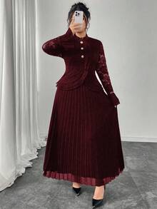 Modelyn Bộ váy midi voan xếp ly và áo ren thanh lịch cỡ lớn cho nữ, đầm dạ hội dự tiệc cao cấp - Đỏ - Xem 4