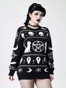 ROMWE Goth Suéter de malha com caveira gótica grande, gato preto, pentagrama, estilo punk, unissex, adequado para Halloween, outono/inverno - Preto - Ver 5