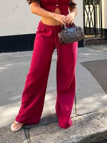 NegzBox Calças de algodão femininas casuais de cintura alta e perna reta