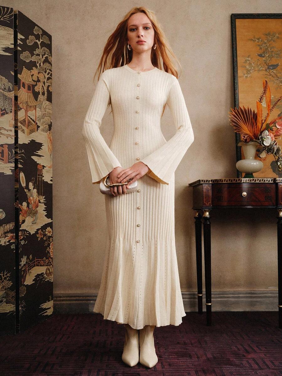 Arave 纯色连衣裙，女式法式简约腰部修身针织长裙 - 杏色 - 查看 1