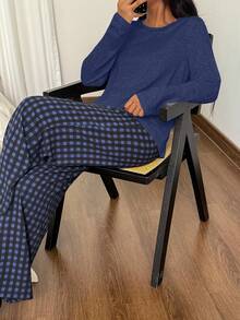 SHEIN 女士宽松休闲圆领短袖上衣和格子印花长裤睡衣套装 格子睡衣套装 长袖家居服套装 配套家居服套装 家居服套装 秋冬服装 - 彩色 - 查看 6