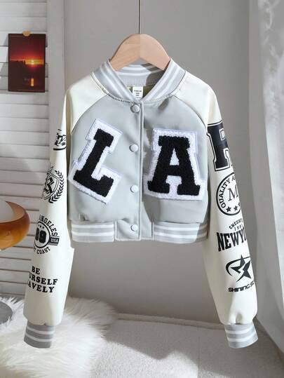 女童PU拼布字母短款棒球夹克
