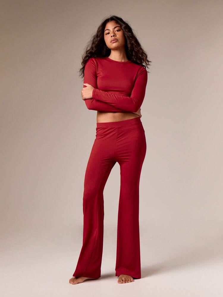Long Sleeve Crop Top With High Waist Flare Pants Set