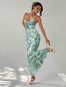 Aloruh 女式性感露背花卉亮片拼接细肩带连衣裙，度假风格 - 綠色 - 查看 1