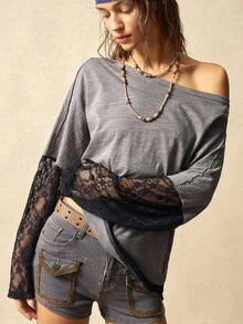 Bohemela Áo thun cổ tròn tay dài màu trơn dệt kim tương phản cổ điển dành cho nữ mùa thu/đông, phong cách miền Tây, đi nghỉ mát, thích hợp mặc đi nghỉ & mặc hàng ngày & trở lại trường, Halloween, Giáng sinh - Màu xám đen - Xem 8