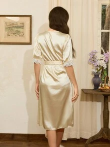 Côtesoire 女士优雅法式 V 领撞色蕾丝睡袍（配腰带），夏季 - 香檳色 - 查看 2
