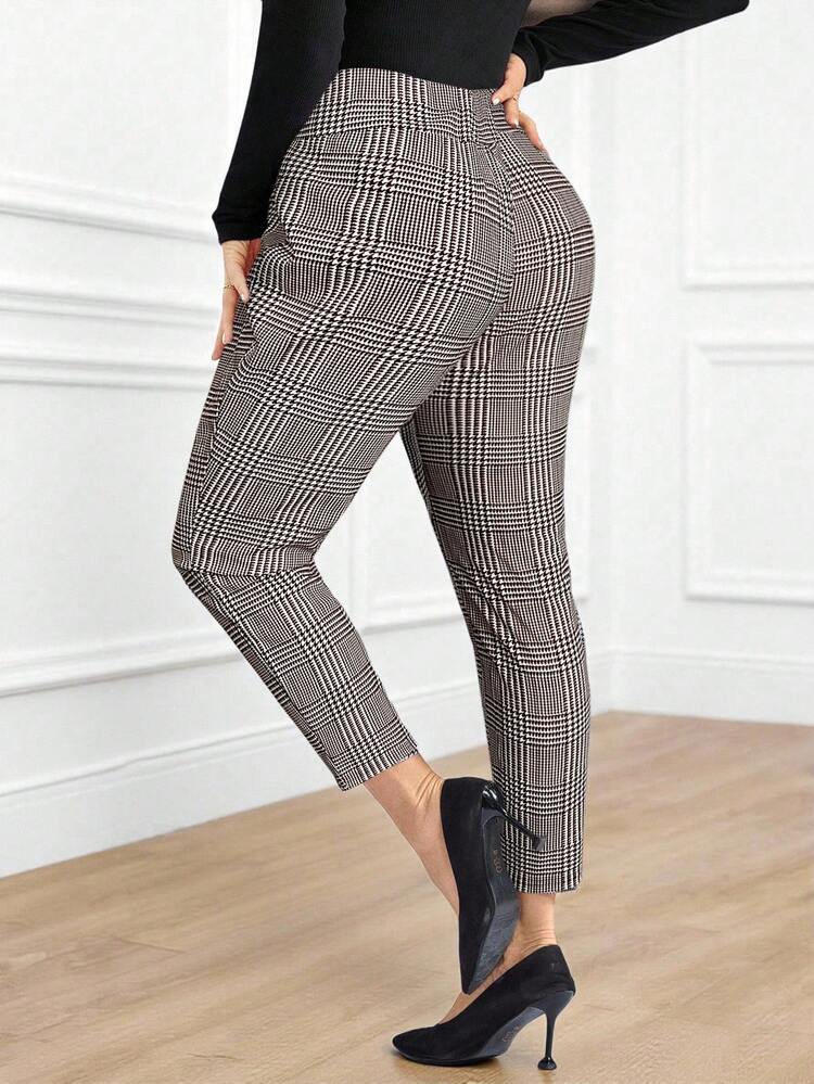 Plus Size Winter Women Cross Waist Plaid Print Elastic Waist Elegant Casual Pants For Commuting