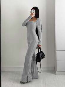 Flirla 女士方领长袖喇叭休闲连体裤，春夏