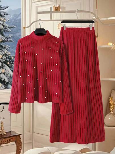 Franclia 法式浪漫气息温柔优雅串珠针织高领上衣和半身裙套装，秋冬