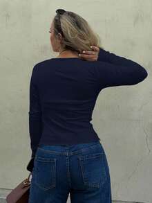 Jeta Ari Camiseta de punto acanalado de ajuste ceñido con botones a la mitad, blusas de mujer de manga larga para otoño - Azul Marino - Ver 2