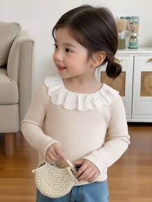 杏色蕾丝领长袖针织T恤，优雅户外休闲装，适合秋冬 - 杏色 - 查看 8