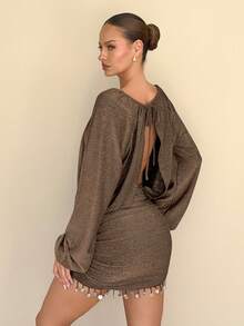 Chiquease Damen elegantes Rüschen-Fransen-Laternenhülsen Langarm Minikleid - Braun - Übersicht 2