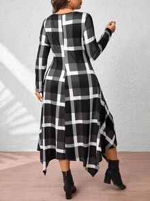 EMERY ROSE Plus Size Women Plaid Print Asymmetrical Hem Casual A-Line Long Sleeve Knit Dress - Black - View 2